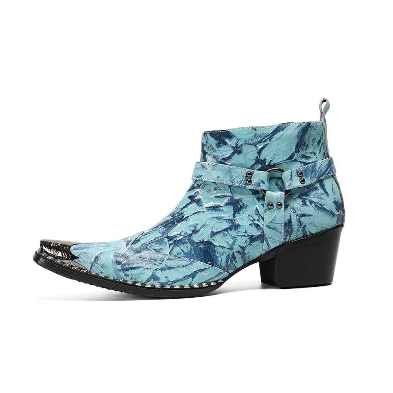 Botas Masculinas Luxo Com Retalhos Metal E Biqueira Quadrada Mocassins Para Festa -  Azul