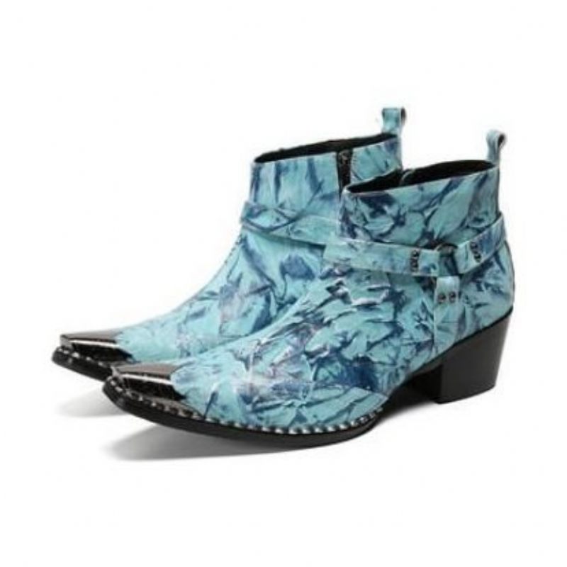 Botas Masculinas Luxo Com Retalhos Metal E Biqueira Quadrada Mocassins Para Festa -  Azul