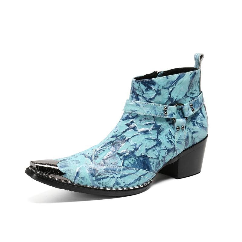 Botas Masculinas Luxo Com Retalhos Metal E Biqueira Quadrada Mocassins Para Festa -  Azul