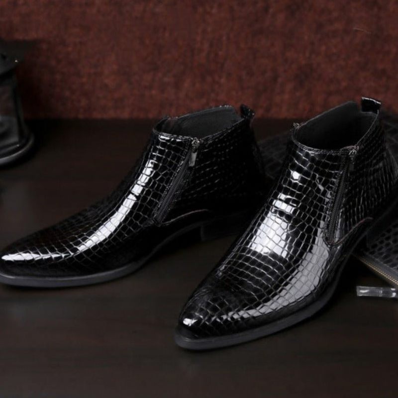 Botas Masculinas Luxo Com Zíper Serpente Chelsea Ankle Boots - Preto