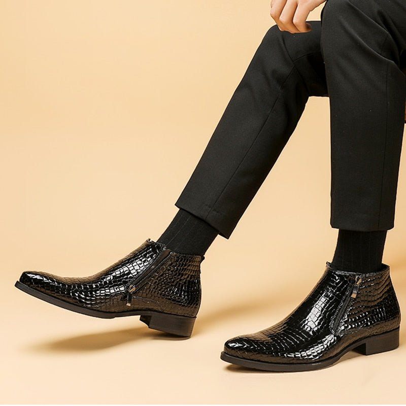 Botas Masculinas Luxo Com Zíper Serpente Chelsea Ankle Boots - Preto