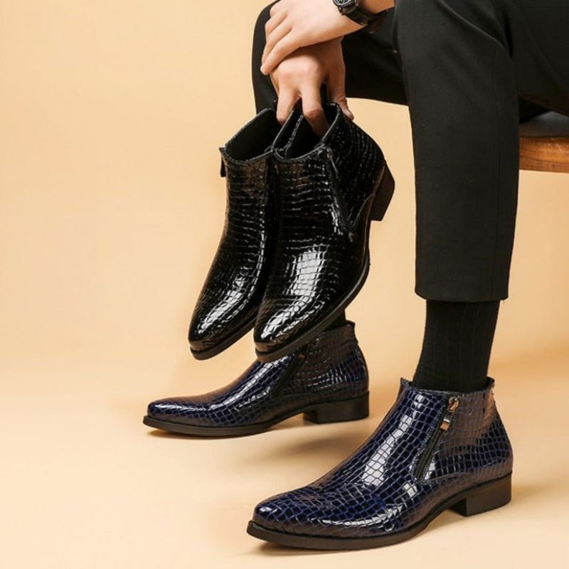 Botas Masculinas Luxo Com Zíper Serpente Chelsea Ankle Boots - Preto