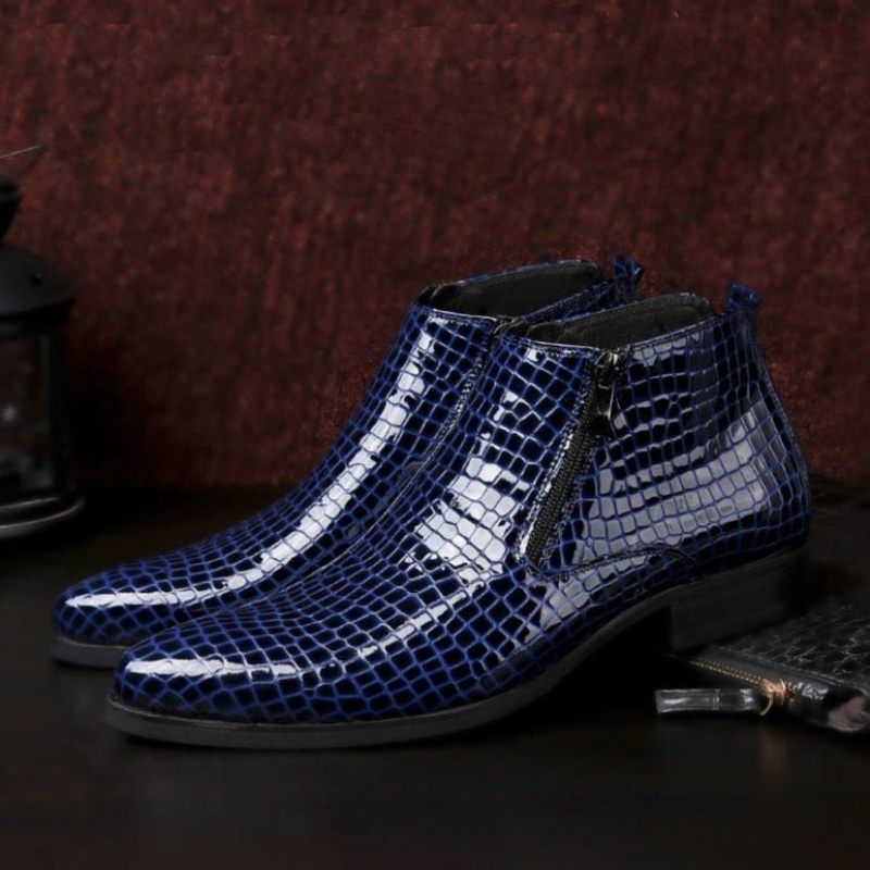 Botas Masculinas Luxo Com Zíper Serpente Chelsea Ankle Boots - Azul