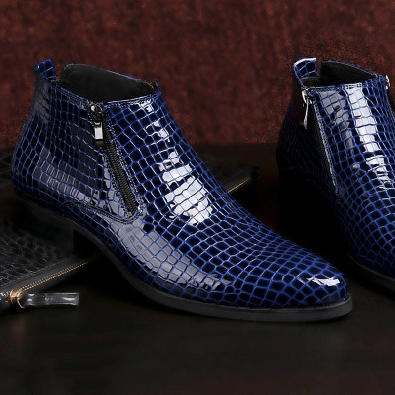 Botas Masculinas Luxo Com Zíper Serpente Chelsea Ankle Boots - Azul