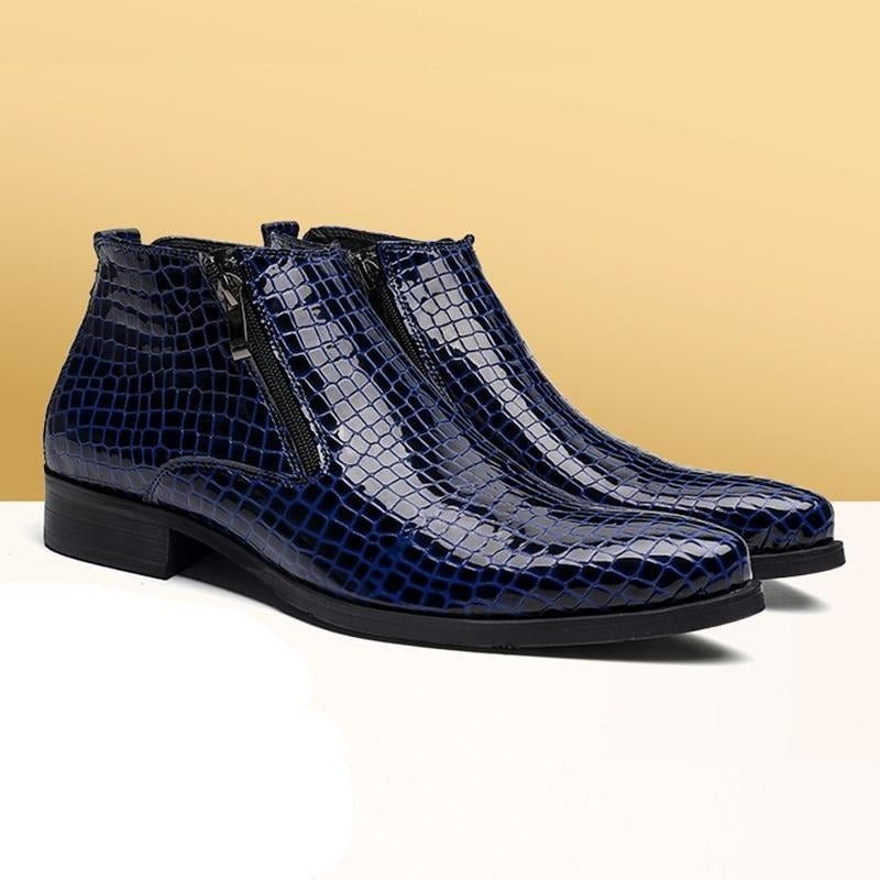 Botas Masculinas Luxo Com Zíper Serpente Chelsea Ankle Boots - Azul