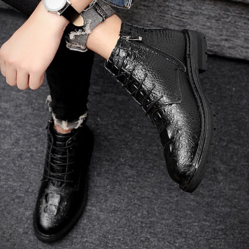 Botas Masculinas Luxo Crocfur Crocodilo Padrão Tornozelo Neve - Preto