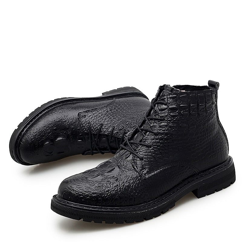 Botas Masculinas Luxo Crocfur Crocodilo Padrão Tornozelo Neve - Preto