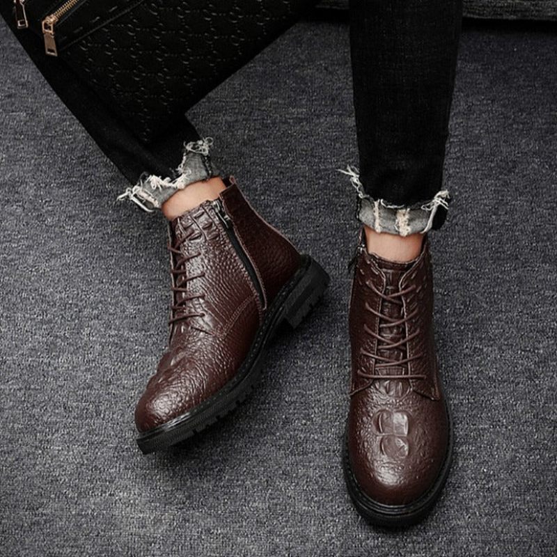 Botas Masculinas Luxo Crocfur Crocodilo Padrão Tornozelo Neve - Café