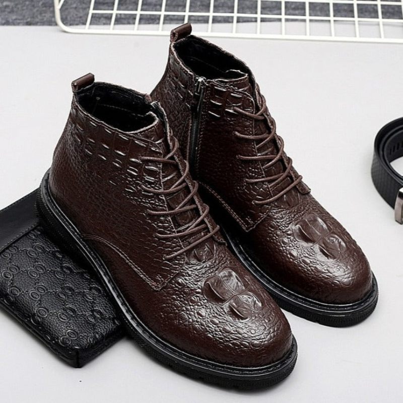 Botas Masculinas Luxo Crocfur Crocodilo Padrão Tornozelo Neve - Café