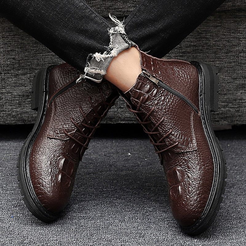 Botas Masculinas Luxo Crocfur Crocodilo Padrão Tornozelo Neve - Café