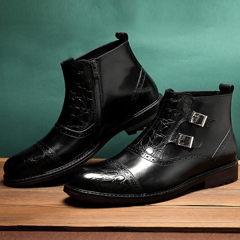 Botas Masculinas Luxo Croctex Casual Flat Ankle Boots - Preto