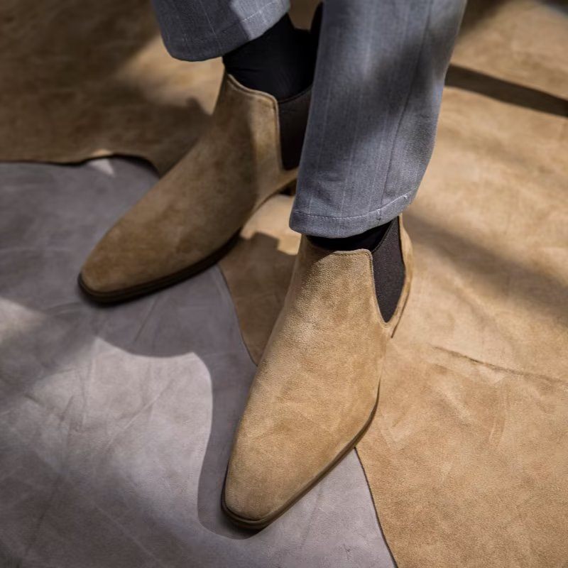 Botas Masculinas Luxo Em Couro Chique Com Forro Pele Chelsea - Bege