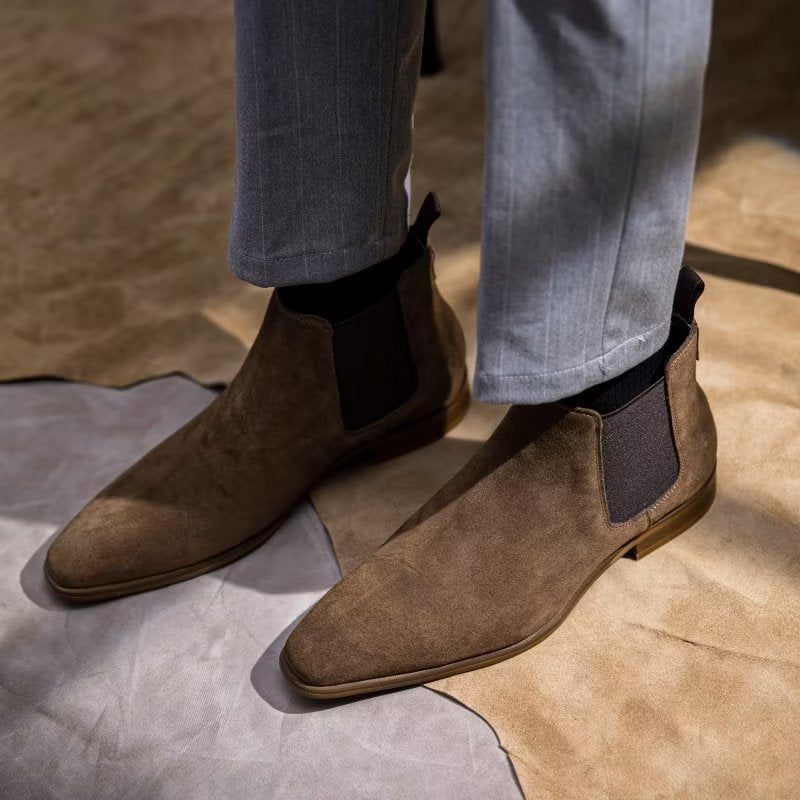 Botas Masculinas Luxo Em Couro Chique Com Forro Pele Chelsea - Café