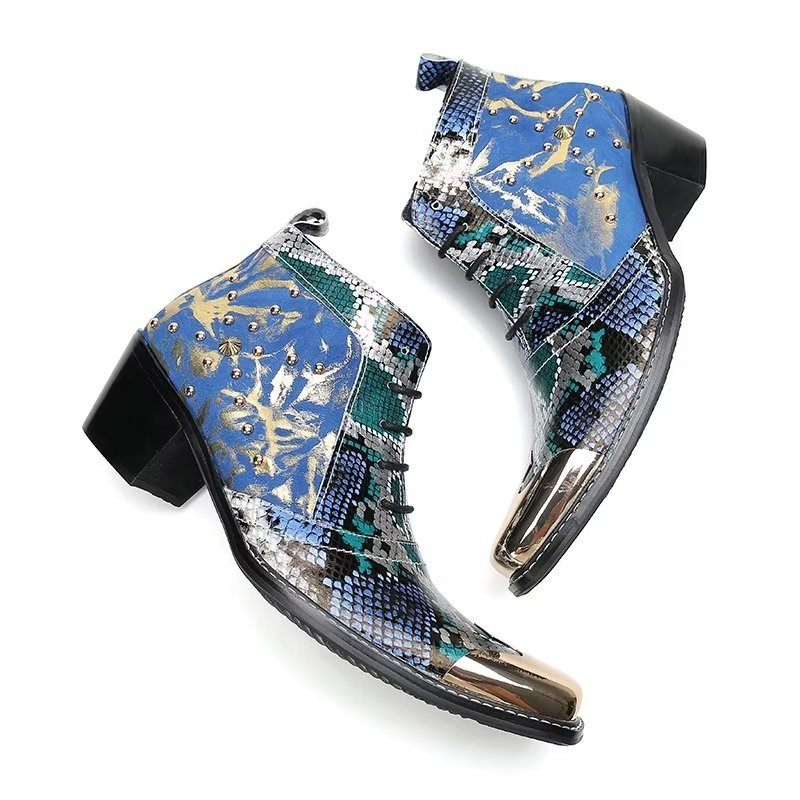 Botas Masculinas Luxo Exóticas Couro Genuíno Com Bico Quadrado - Azul