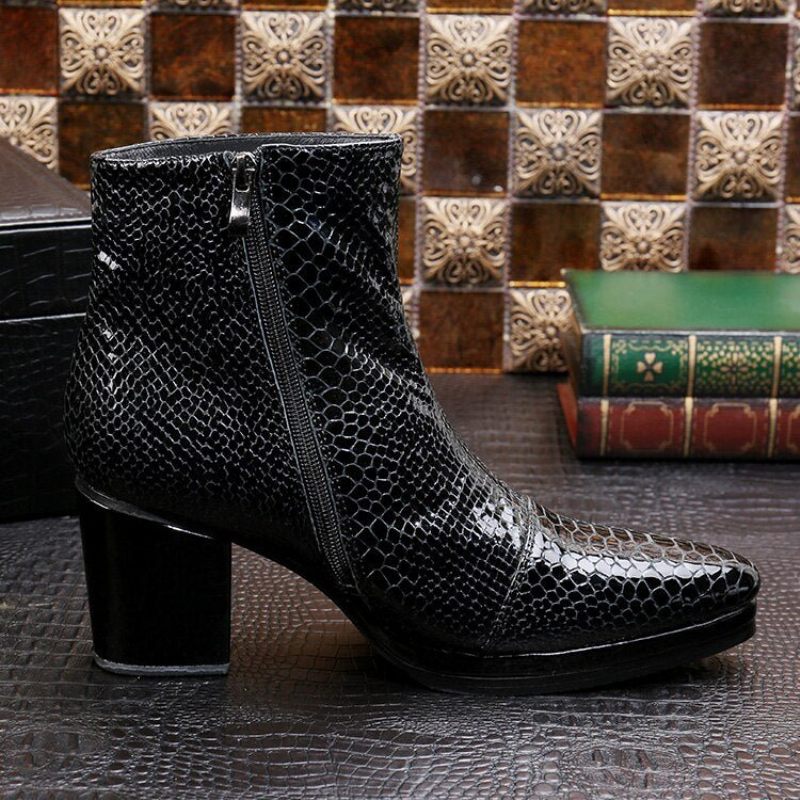 Botas Masculinas Luxo Serpente Dedo Apontado Cowboy Salto Alto - Preto