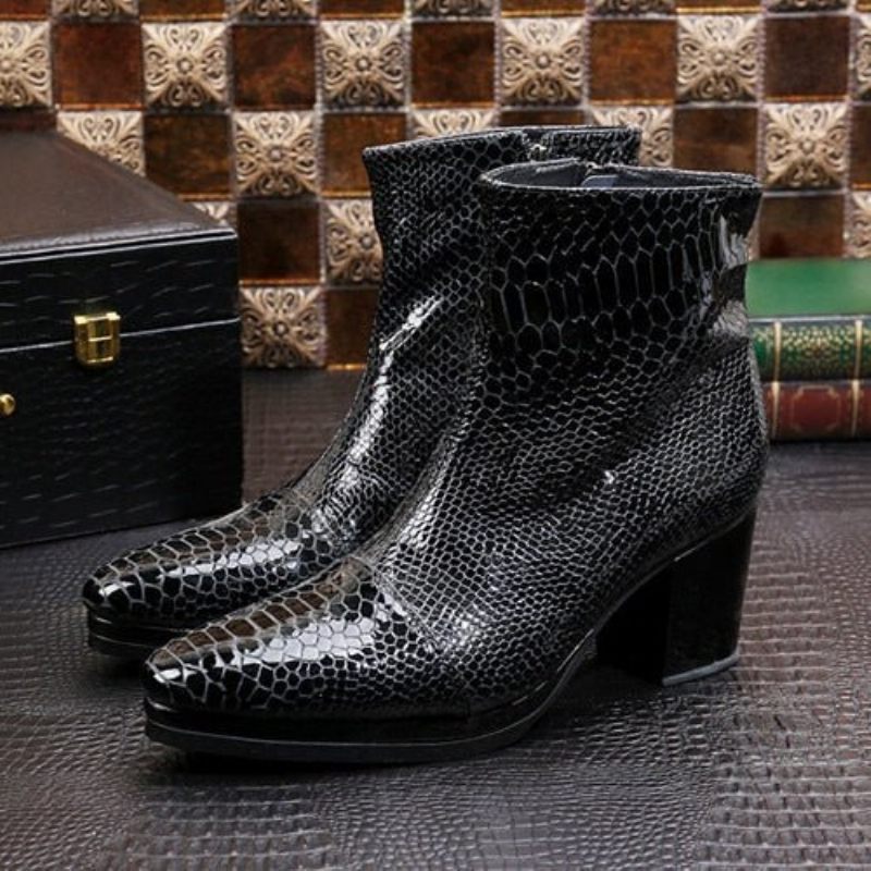 Botas Masculinas Luxo Serpente Dedo Apontado Cowboy Salto Alto - Preto