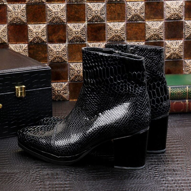 Botas Masculinas Luxo Serpente Dedo Apontado Cowboy Salto Alto - Preto