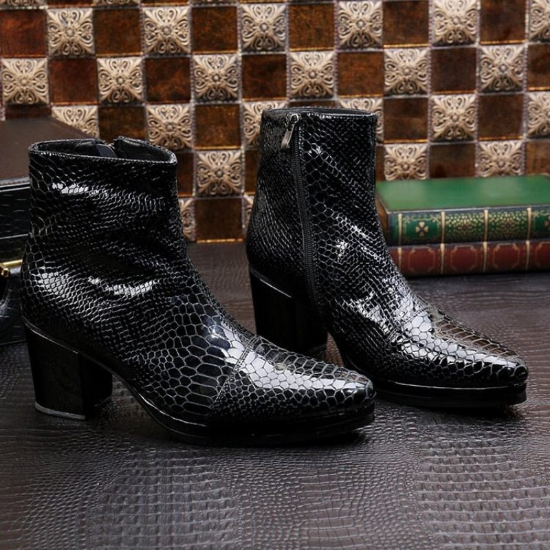 Botas Masculinas Luxo Serpente Dedo Apontado Cowboy Salto Alto - Preto