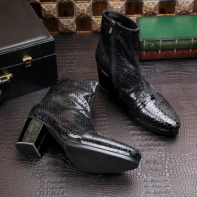 Botas Masculinas Luxo Serpente Dedo Apontado Cowboy Salto Alto - Preto