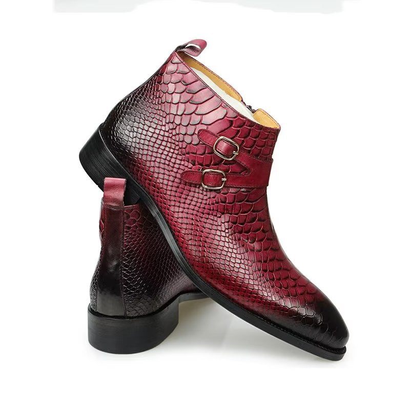 Botas Masculinas Luxo Serpente Zíper Tornozelo Sapatos Sociais - Vermelho