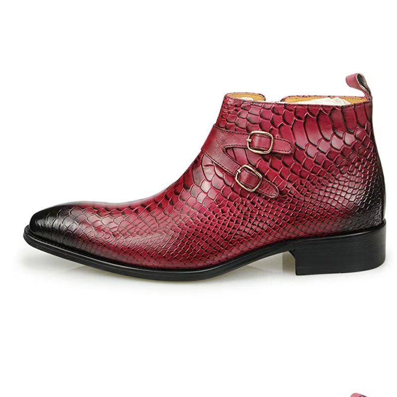 Botas Masculinas Luxo Serpente Zíper Tornozelo Sapatos Sociais - Vermelho