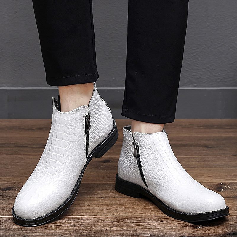 Botas Masculinas Luxuosas Couro Crocodilo Com Acabamento Em Pele Na Moda - Branco