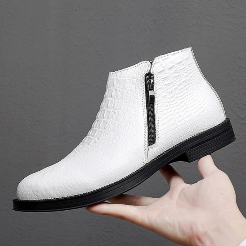 Botas Masculinas Luxuosas Couro Crocodilo Com Acabamento Em Pele Na Moda - Branco