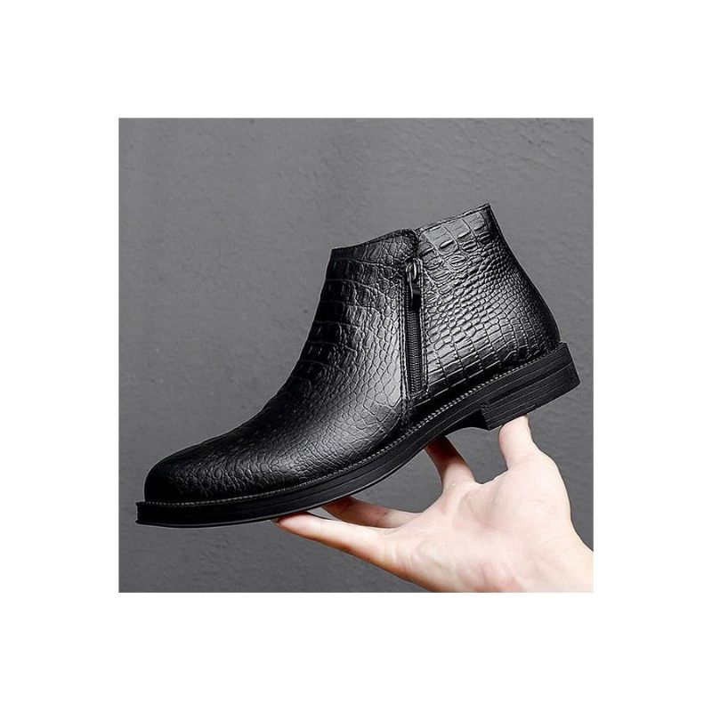 Botas Masculinas Luxuosas Couro Crocodilo Com Acabamento Em Pele Na Moda - Preto