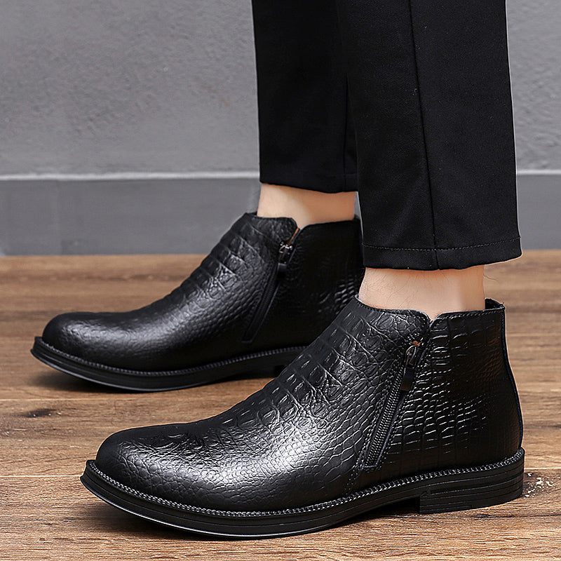 Botas Masculinas Luxuosas Couro Crocodilo Com Acabamento Em Pele Na Moda - Preto