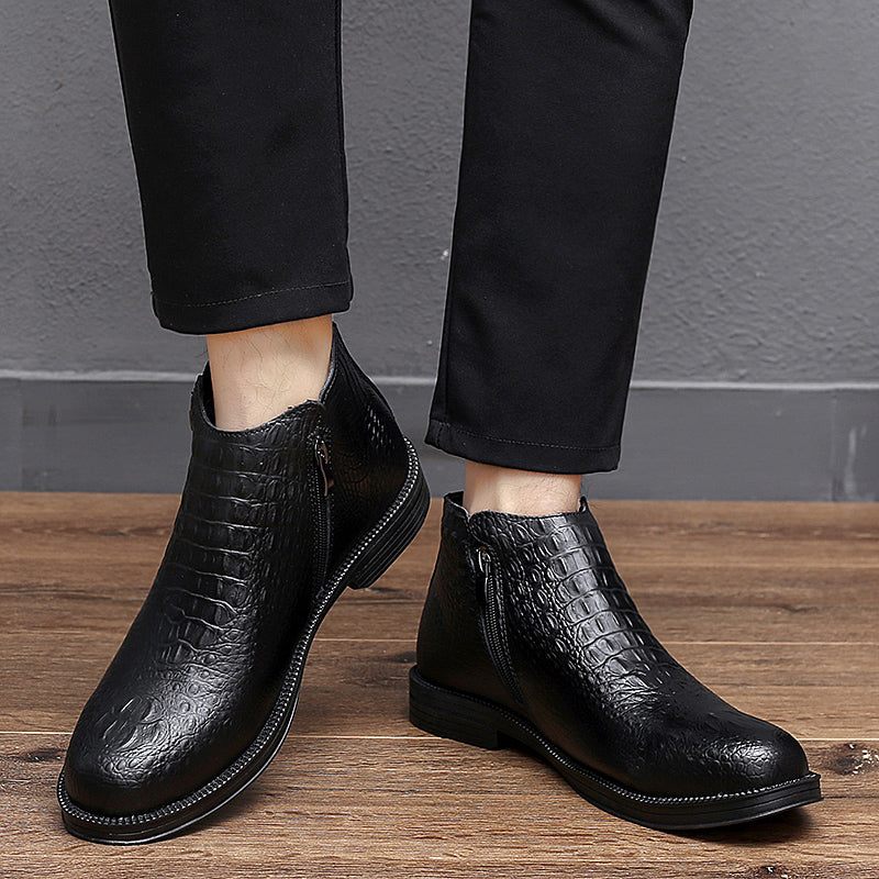 Botas Masculinas Luxuosas Couro Crocodilo Com Acabamento Em Pele Na Moda - Preto