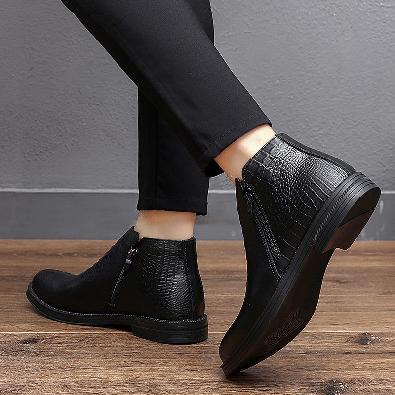 Botas Masculinas Luxuosas Couro Crocodilo Com Acabamento Em Pele Na Moda - Preto