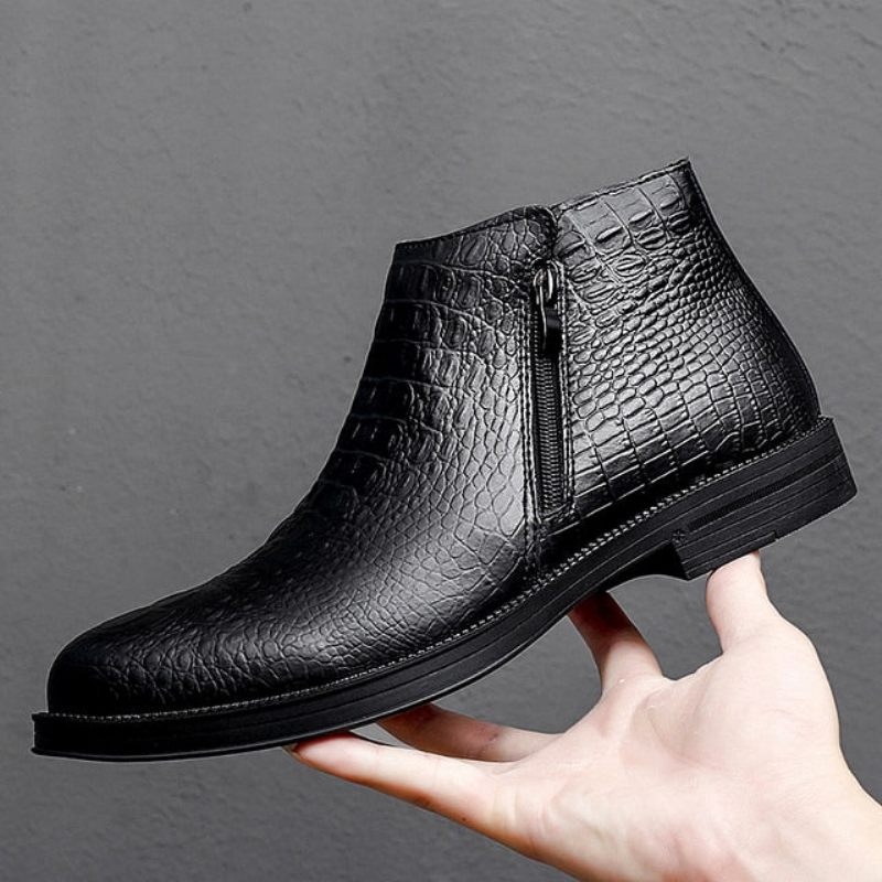 Botas Masculinas Luxuosas Couro Crocodilo Com Acabamento Em Pele Na Moda - Preto