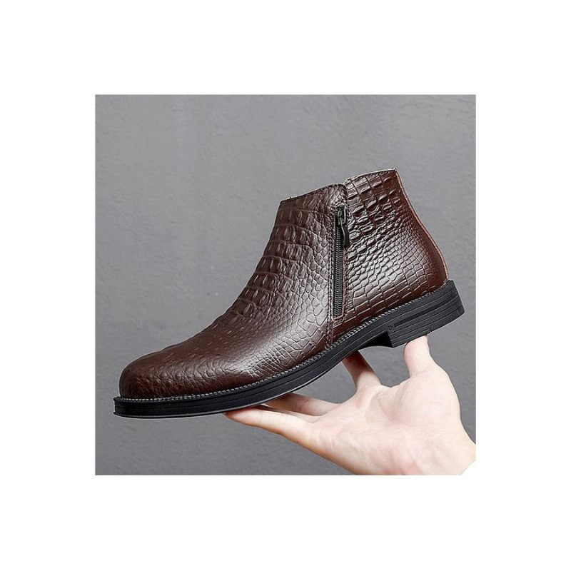 Botas Masculinas Luxuosas Couro Crocodilo Com Acabamento Em Pele Na Moda - Café