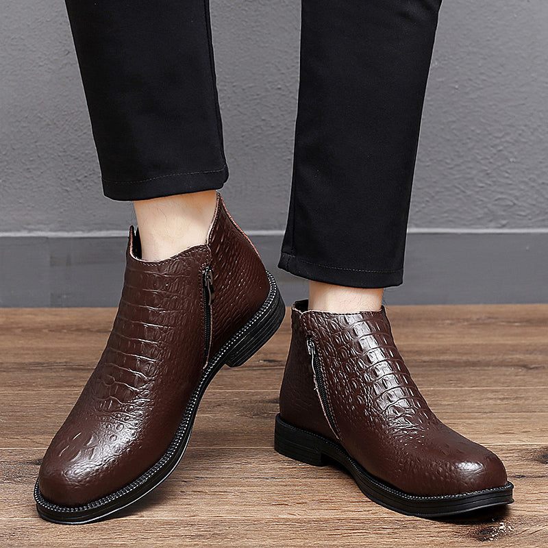 Botas Masculinas Luxuosas Couro Crocodilo Com Acabamento Em Pele Na Moda - Café