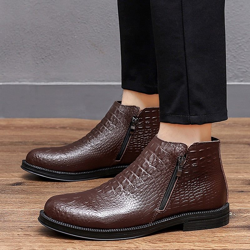 Botas Masculinas Luxuosas Couro Crocodilo Com Acabamento Em Pele Na Moda - Café