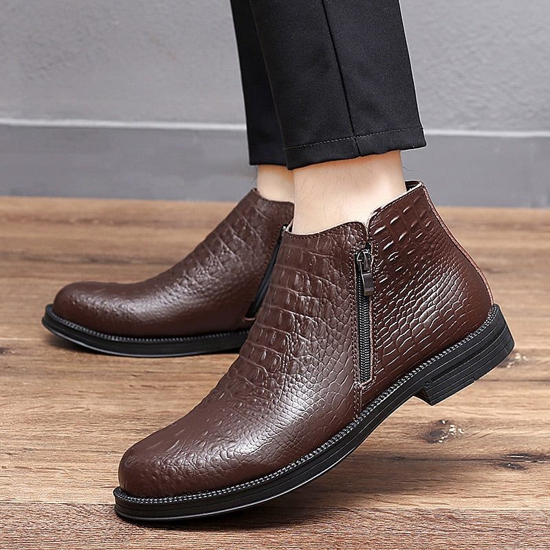 Botas Masculinas Luxuosas Couro Crocodilo Com Acabamento Em Pele Na Moda - Café