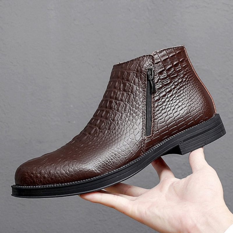 Botas Masculinas Luxuosas Couro Crocodilo Com Acabamento Em Pele Na Moda - Café