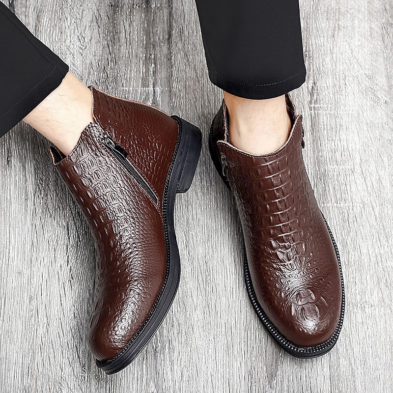 Botas Masculinas Luxuosas Couro Crocodilo Com Acabamento Em Pele Na Moda - Café