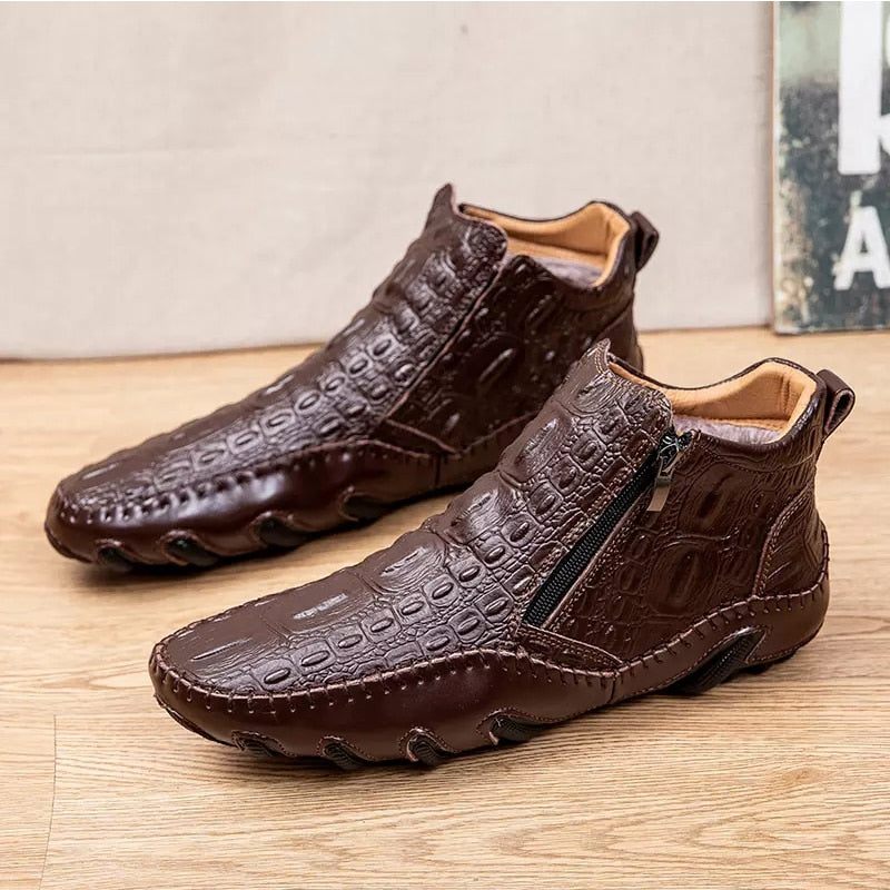 Botas Masculinas Luxuosas Couro Jacaré Britânico Com Cadarço - Café