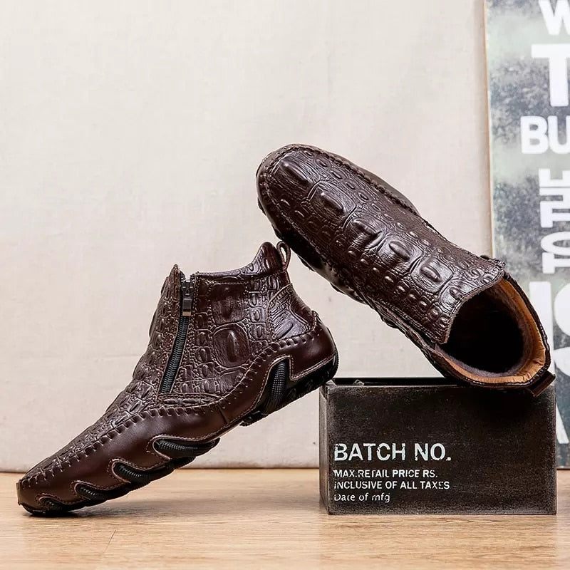 Botas Masculinas Luxuosas Couro Jacaré Britânico Com Cadarço - Café