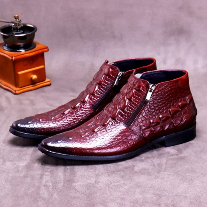 Botas Masculinas Luxuosas Croctex Bico Fino Com Zíper E No Tornozelo - Vermelho