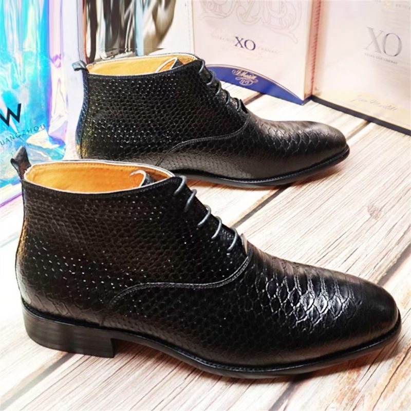 Botas Masculinas Opulentas Couro Genuíno Com Cadarço - Preto