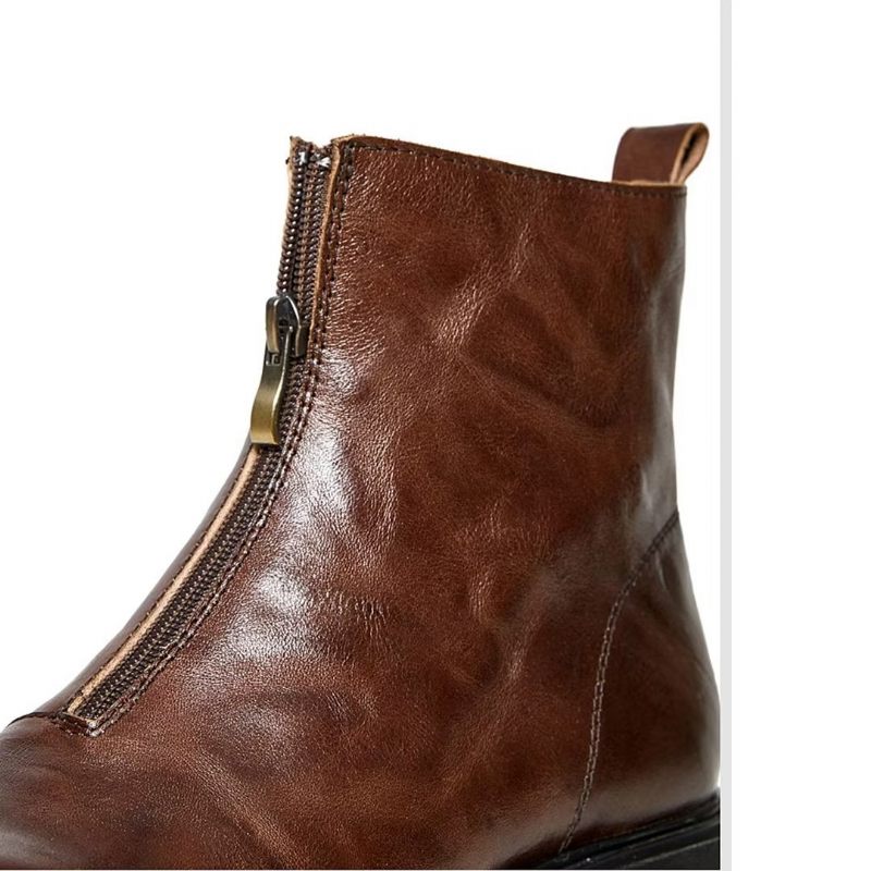 Botas Masculinas Pele Carneiro Chique Com Zíper Vintage Martin - Marrom