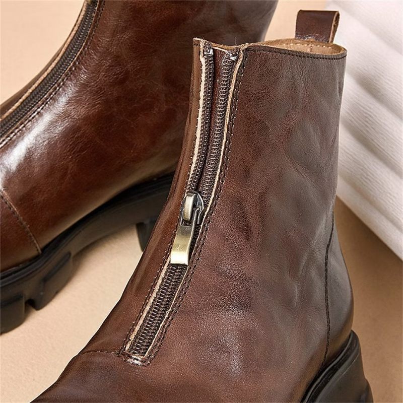 Botas Masculinas Pele Carneiro Chique Com Zíper Vintage Martin - Marrom