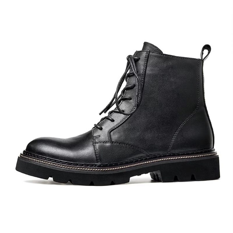 Botas Masculinas Pele Carneiro Chique Vintage Com Cadarço - Preto