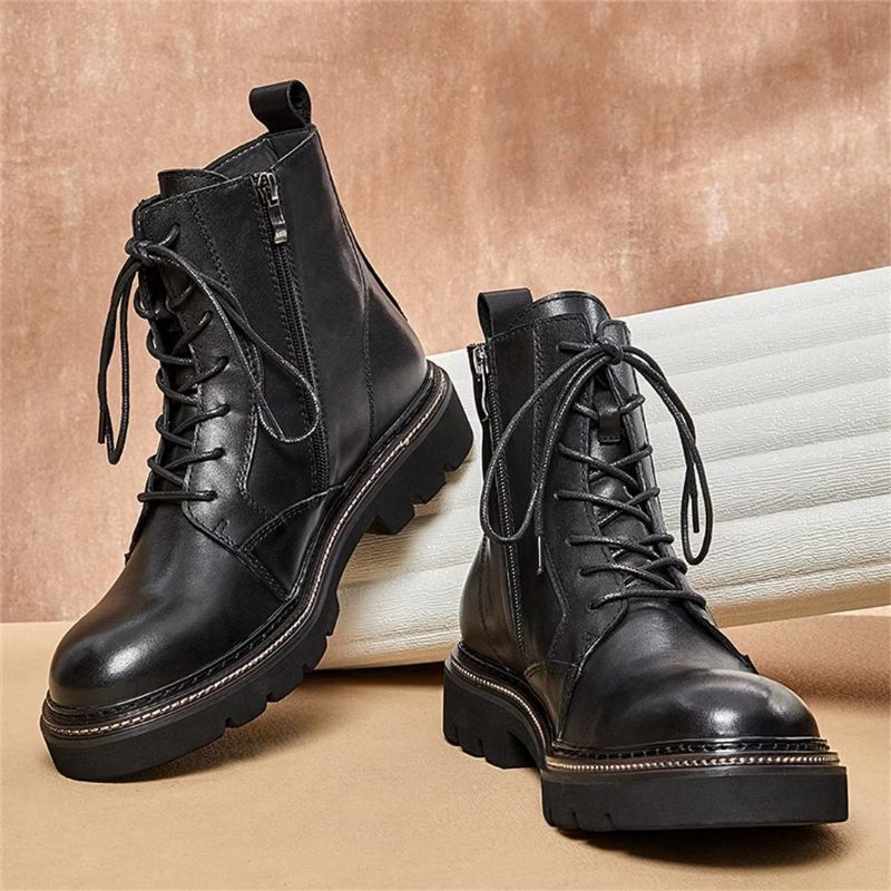 Botas Masculinas Pele Carneiro Chique Vintage Com Cadarço - Preto