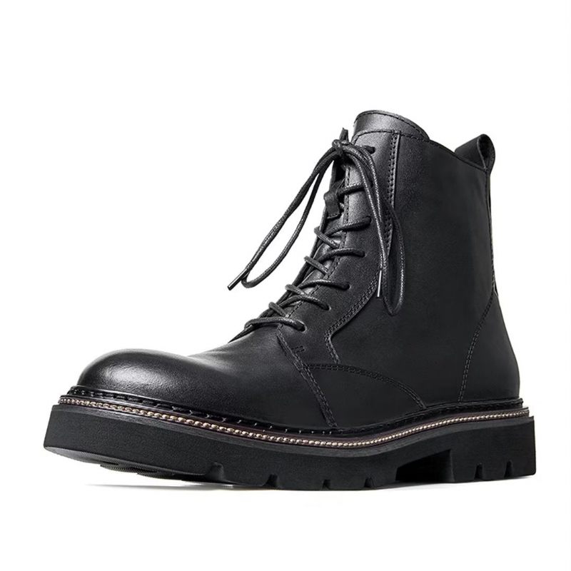 Botas Masculinas Pele Carneiro Chique Vintage Com Cadarço - Preto