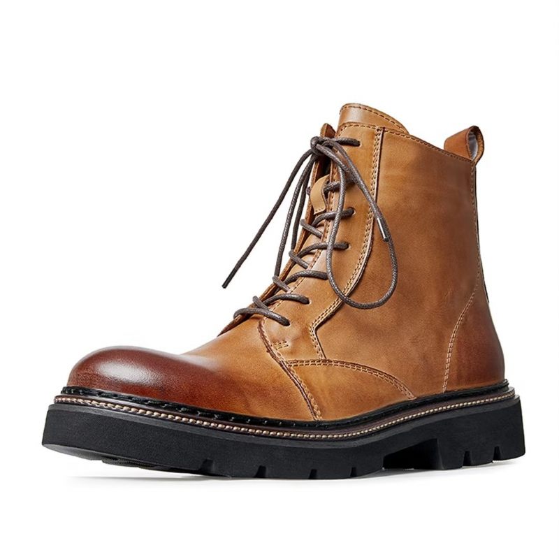 Botas Masculinas Pele Carneiro Chique Vintage Com Cadarço - Marrom