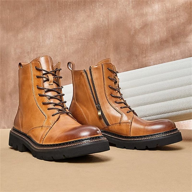 Botas Masculinas Pele Carneiro Chique Vintage Com Cadarço - Marrom