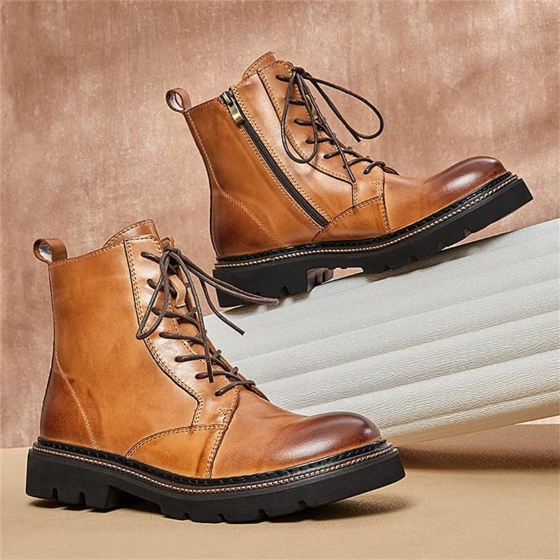 Botas Masculinas Pele Carneiro Chique Vintage Com Cadarço - Marrom